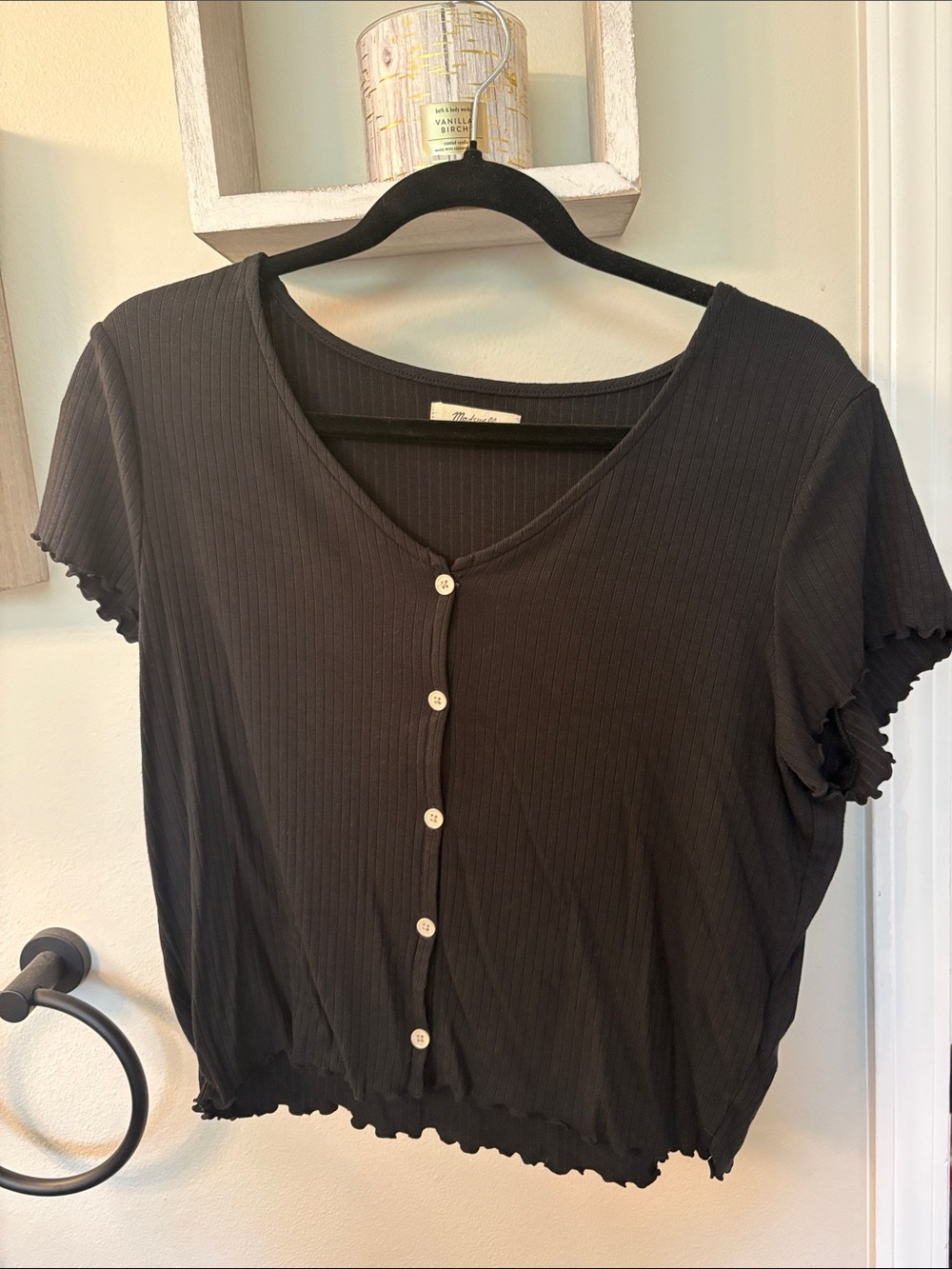 Madewell Black Ribbed Button-Front Crop Tee
